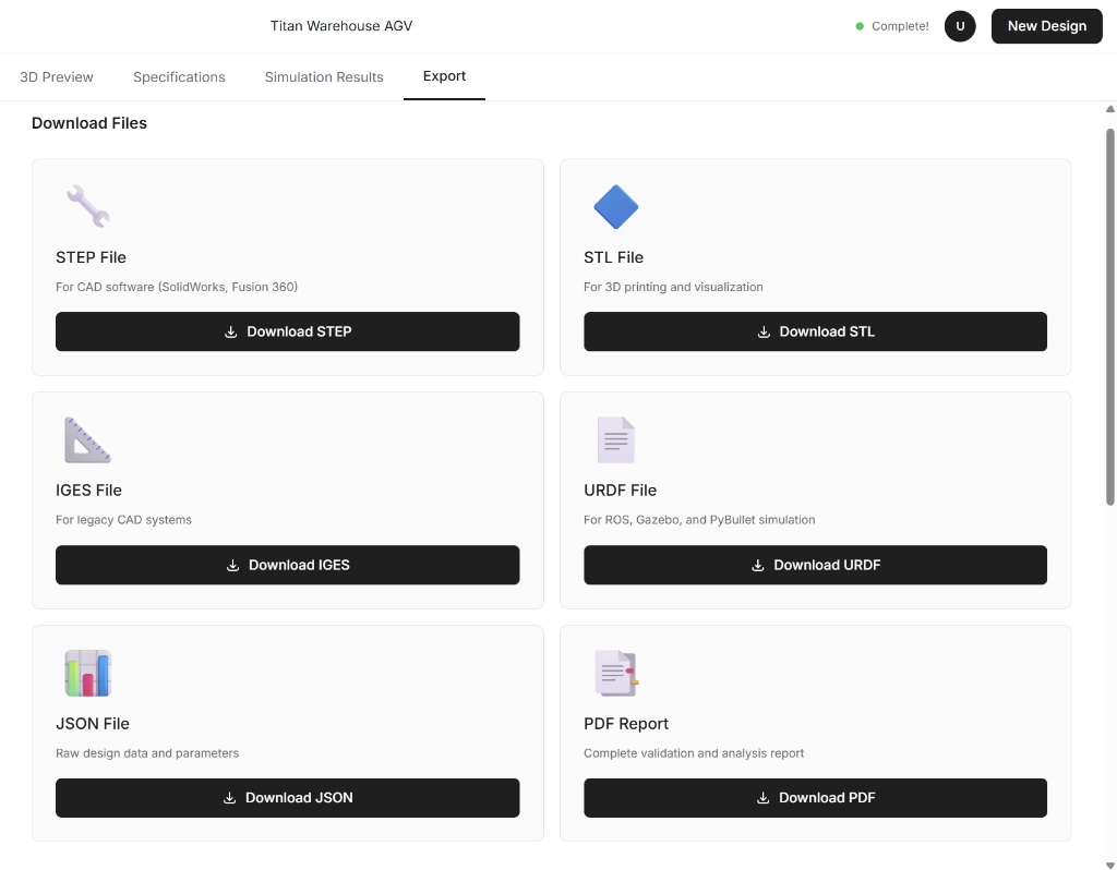 AGV Export Options - STEP, STL, IGES, URDF, JSON, and PDF downloads