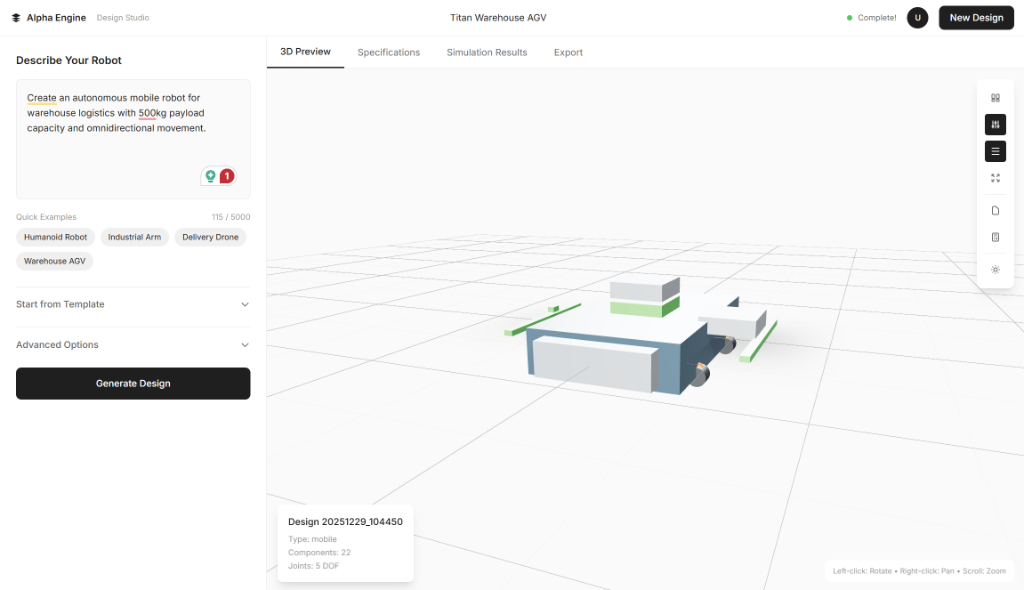 AGV 3D Preview - Alpha Engine Design Studio showing Titan Warehouse AGV model