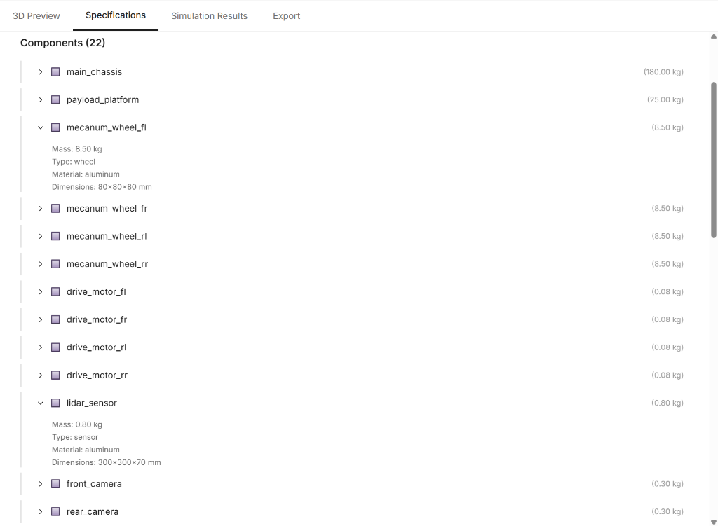 AGV Specifications - 22 components including chassis, wheels, motors, and sensors