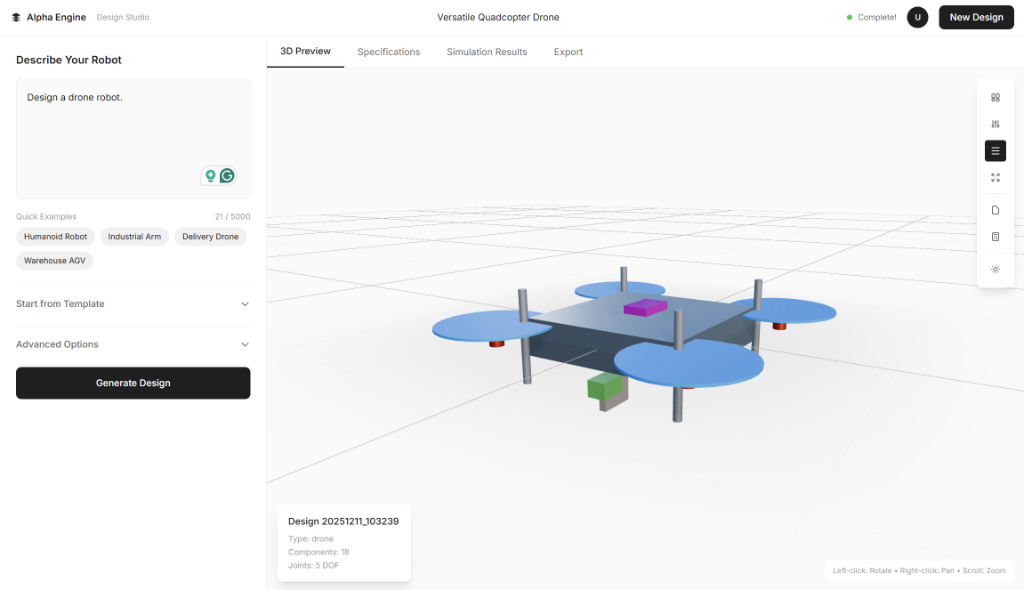 Drone 3D Preview - Versatile Quadcopter model in Alpha Engine Design Studio